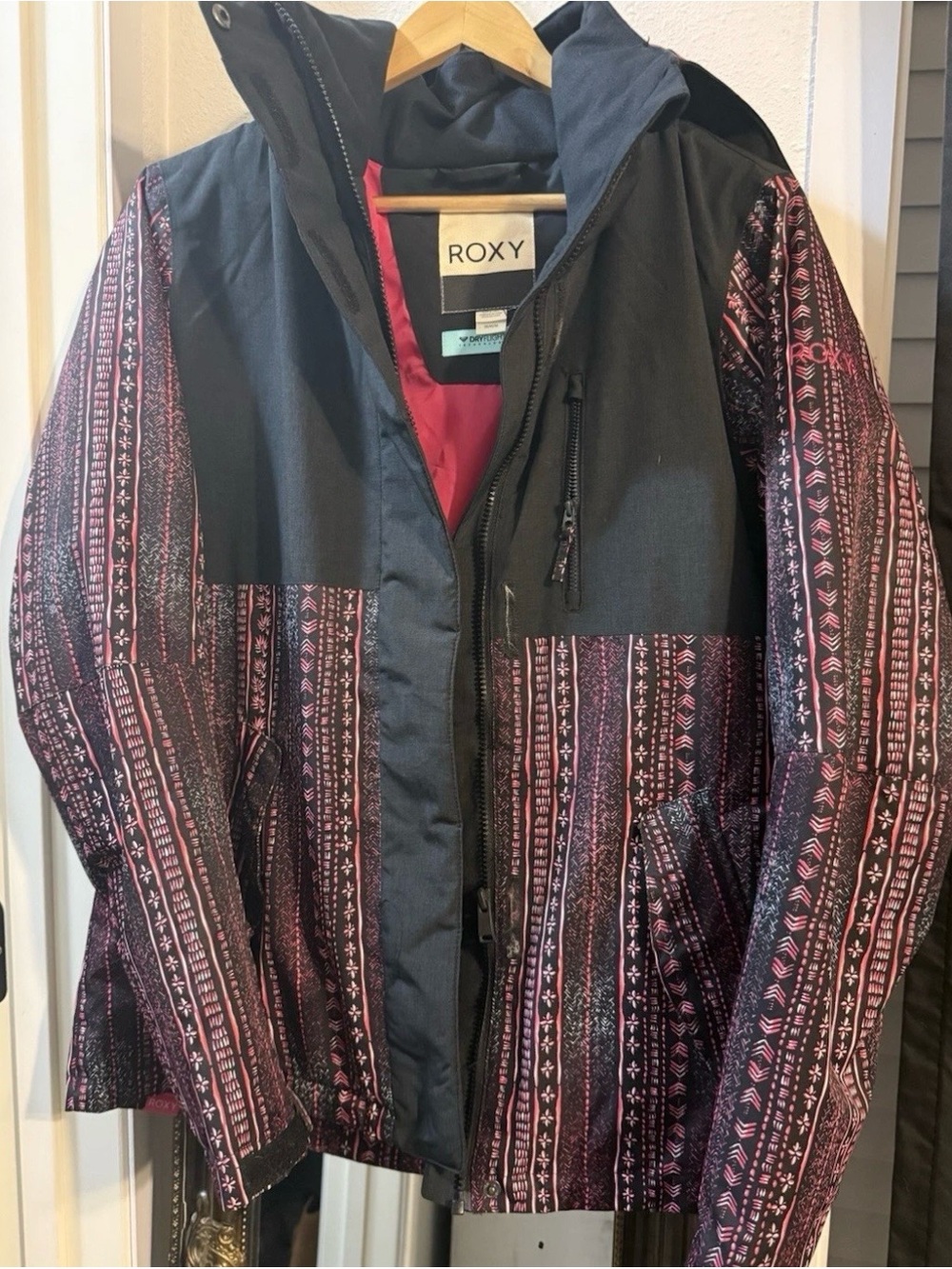 Roxy Women's Black Jacket with Pink Patterned Panels